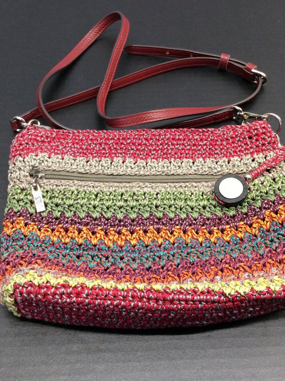 the sak Crochet Crossbody Purse Red Blue Orange Green Striped Bag Charm Boho